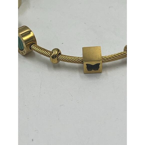 Roman Numeral Geometric Green Charms Gold Tone Stainless Steel Bangle Bracelet - Picture 9 of 10